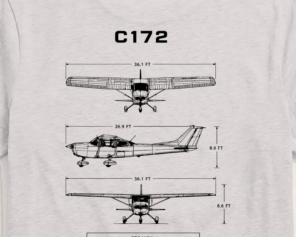 Close up of the C172 blueprint back print, dimension lines visible