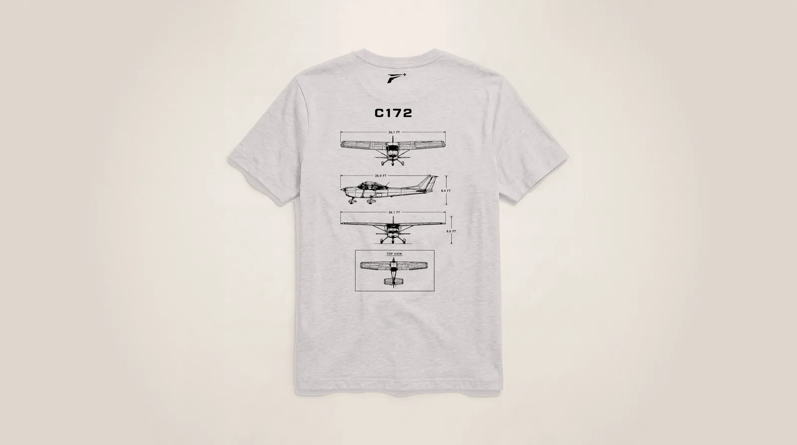 The C172 shirt in light grey, back view with the black C172 blueprint print