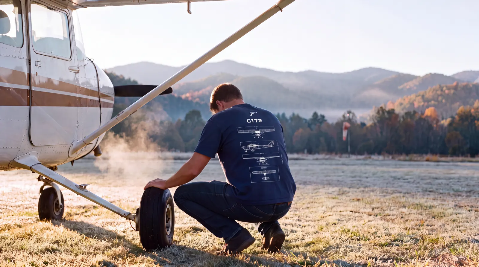 Pilot crouched at the main wheel of a high wing trainer on a frosty grass strip at first light, back to the camera, the white C172 blueprint print filling the back of the navy shirt