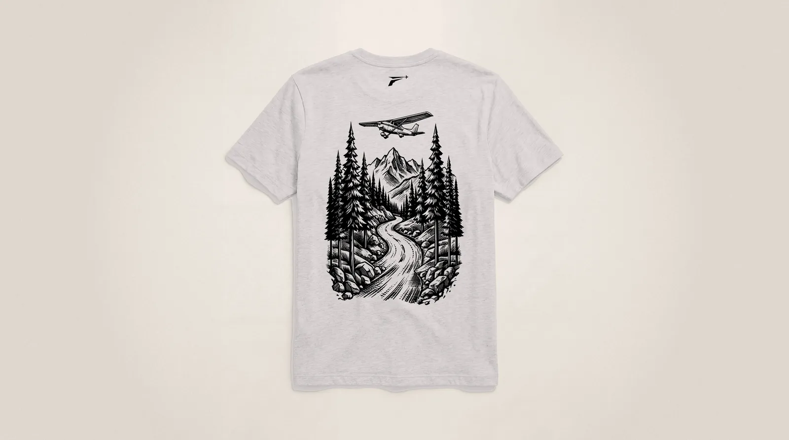 The Mountains shirt in light grey, back view with the black high wing and mountain road print
