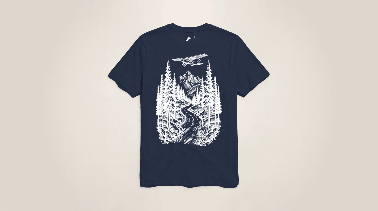 The Mountains shirt in navy, back view with the white high wing and mountain road print