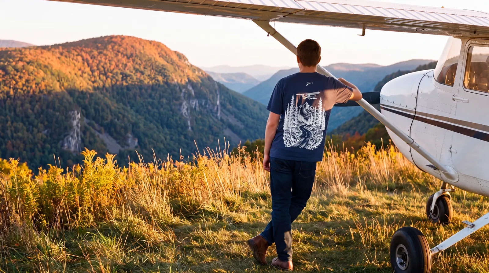 Pilot leaning on the wing strut of a high wing trainer in backlit golden grass above a mountain valley, back to the camera, wearing the Mountains shirt in navy