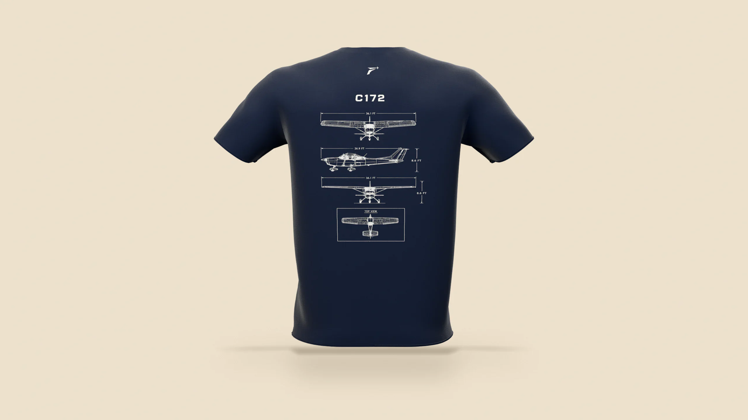 The C172 shirt in navy, back view with the white C172 blueprint print