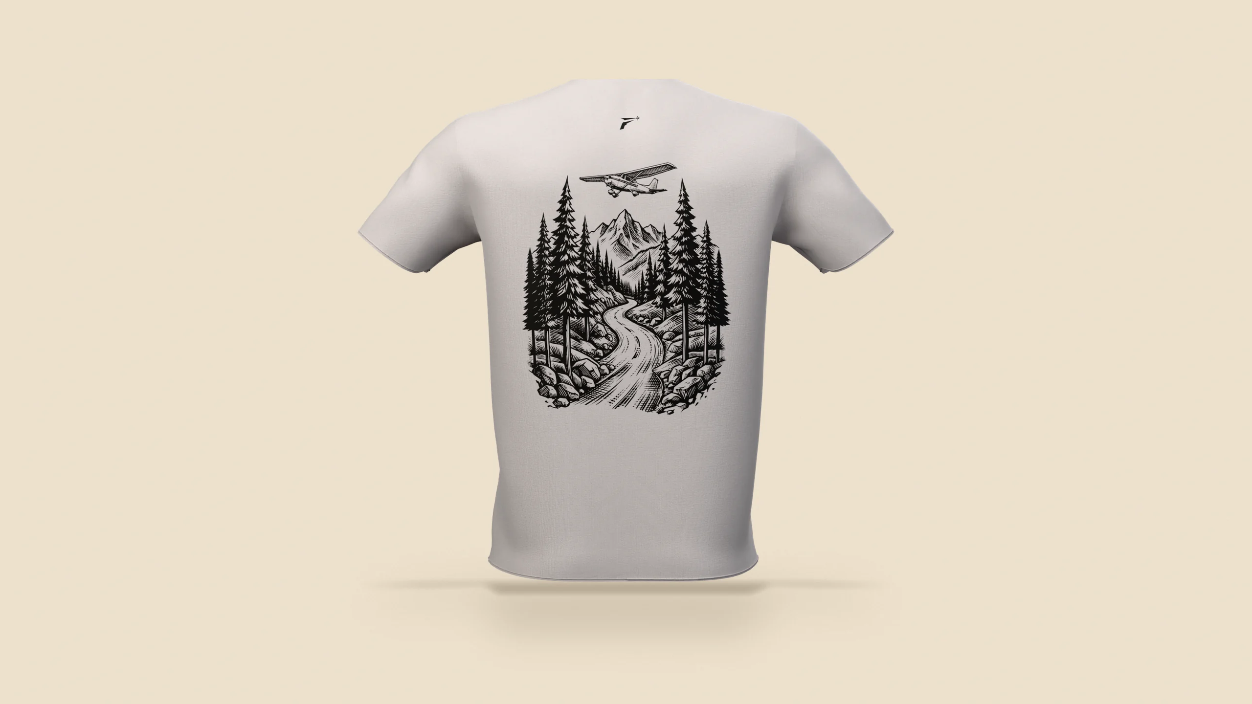 The Mountains shirt in light grey, back view with the black high wing and mountain road print